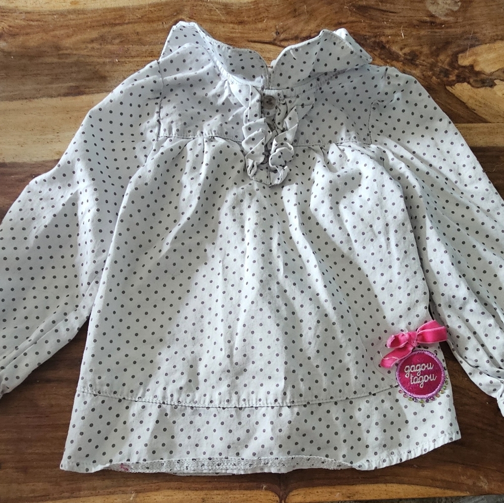 White Polka Dot Blouse with Ruffled Neckline